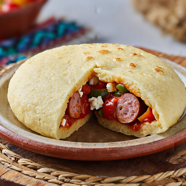 Arepa de Spetzofai (Arepa Rellena con Salchicha y Pimientos al Estilo Griego)