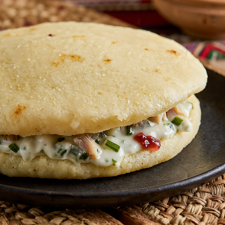 Arepa rellena de bacalao al estilo Suaasat