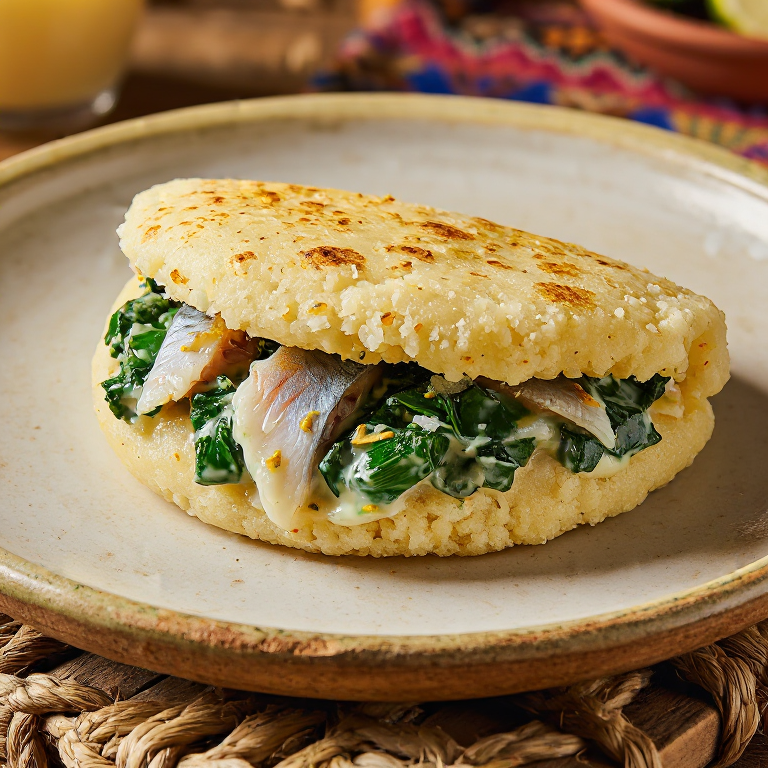 Arepa de Oil Down: Rellena de Bacalao y Callaloo al Coco