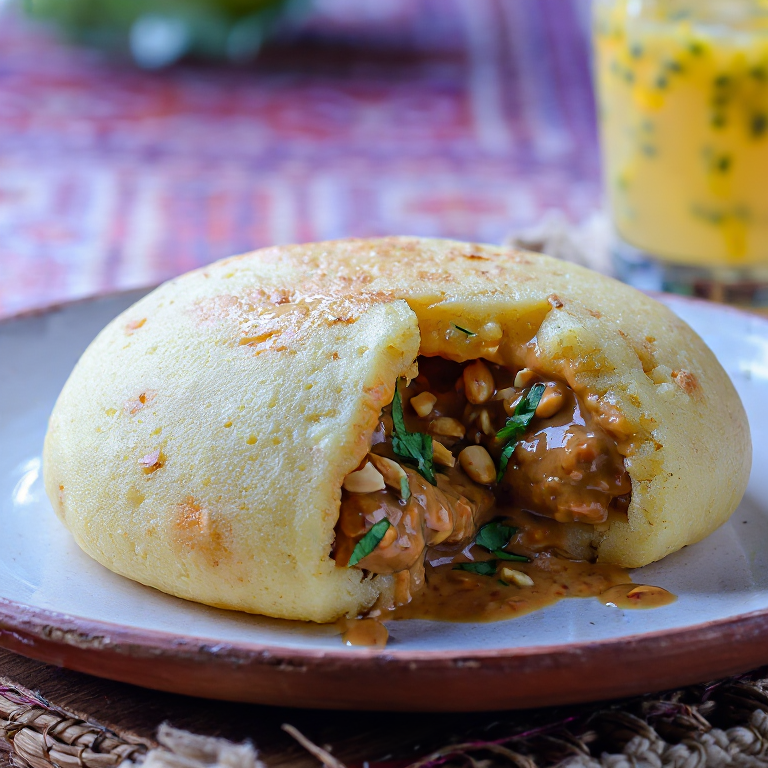 Arepa Rellena de Caldo de Peixe com Amendoim (Arepa de Pescado y Maní al Estilo de Guinea-Bissau)