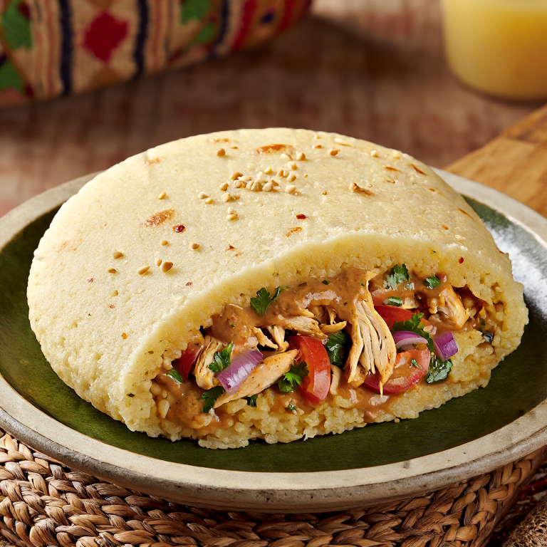 Arepa de Mafé (Arepa Rellena de Pollo en Estofado de Maní)