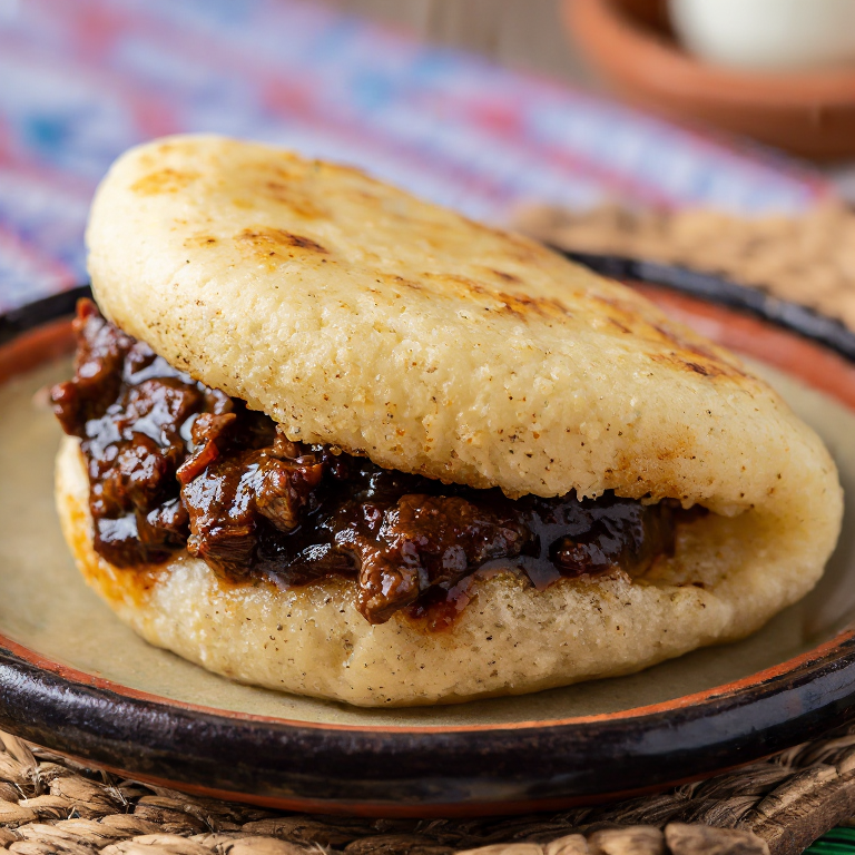 Arepa de Pepperpot Guyano (Carne Estofada con Casareep)