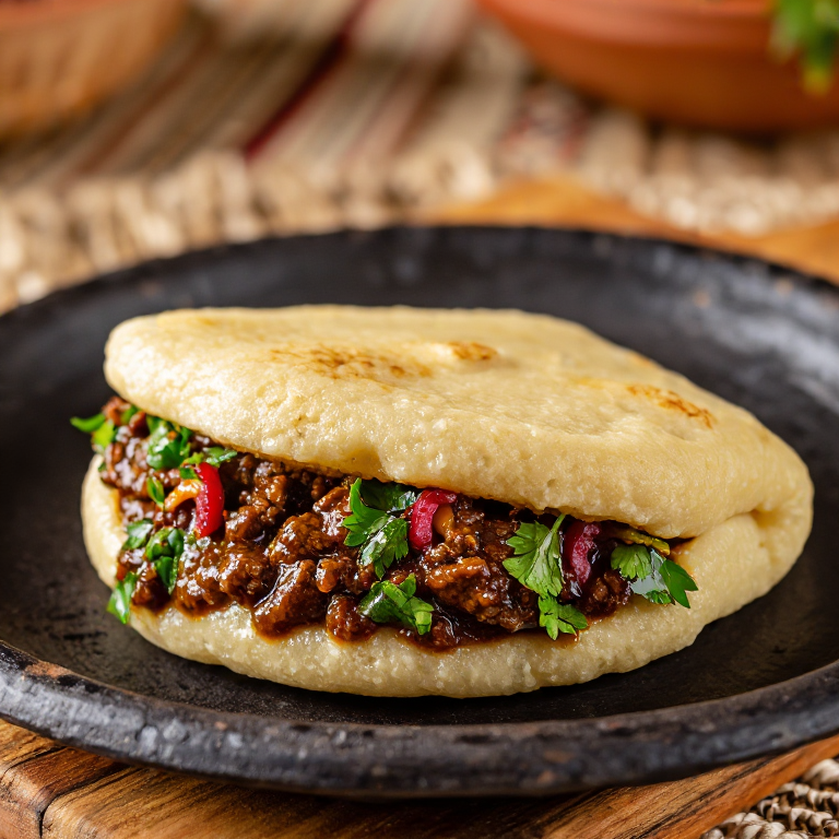 Arepa Rellena de Pepperpot Guyanés