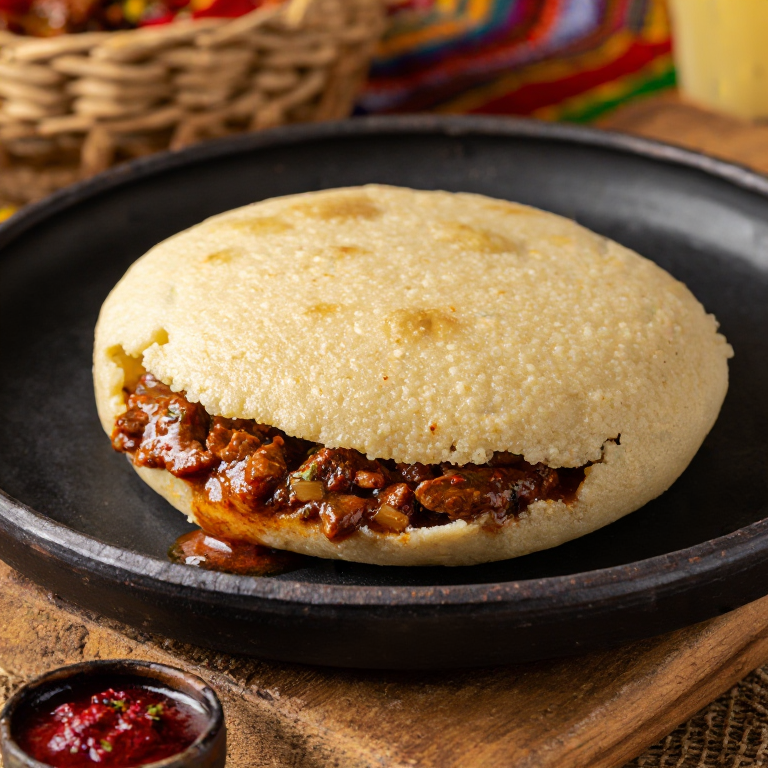 Arepa Rupununi con Carne Guisada (Pepperpot Arepa)