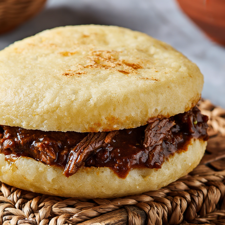 Arepa Rellena de Pepperpot Guyanés