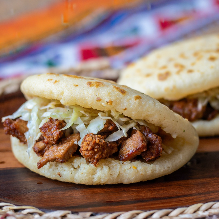 Arepa rellena de griot haitiano con pikliz