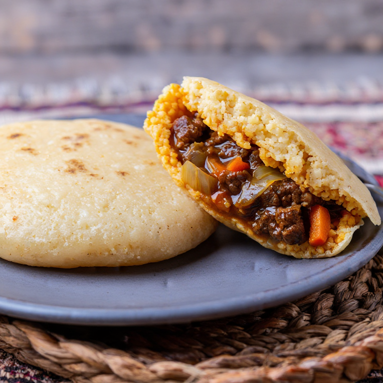 Arepa de Soup Joumou (Arepa de calabaza haitiana rellena de estofado de res)