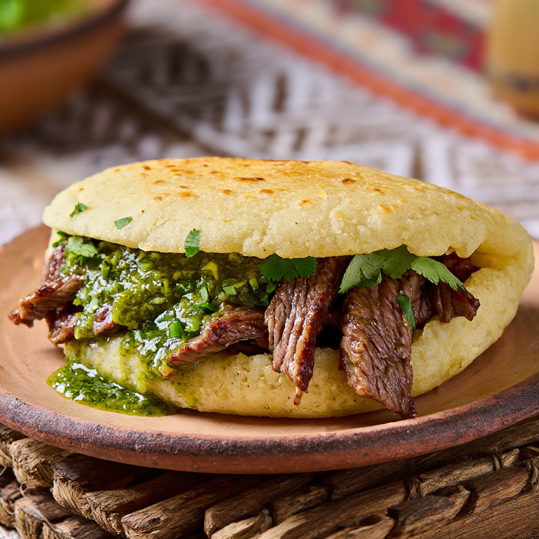 Arepa de Carne Asada con Chimichurri de Cilantro