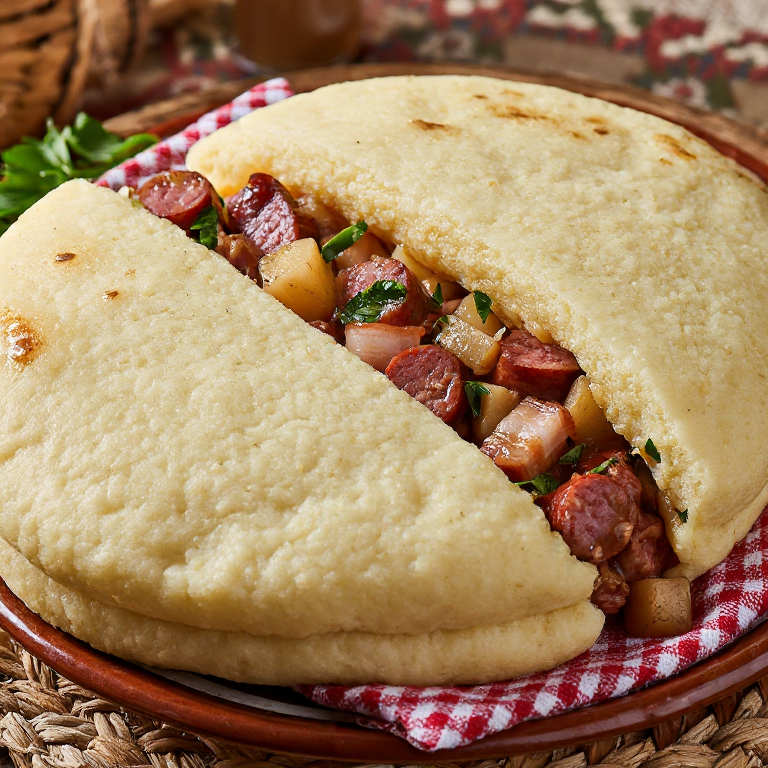 Arepa rellena de Coddle (Cocido irlandés de salchichas y tocino)