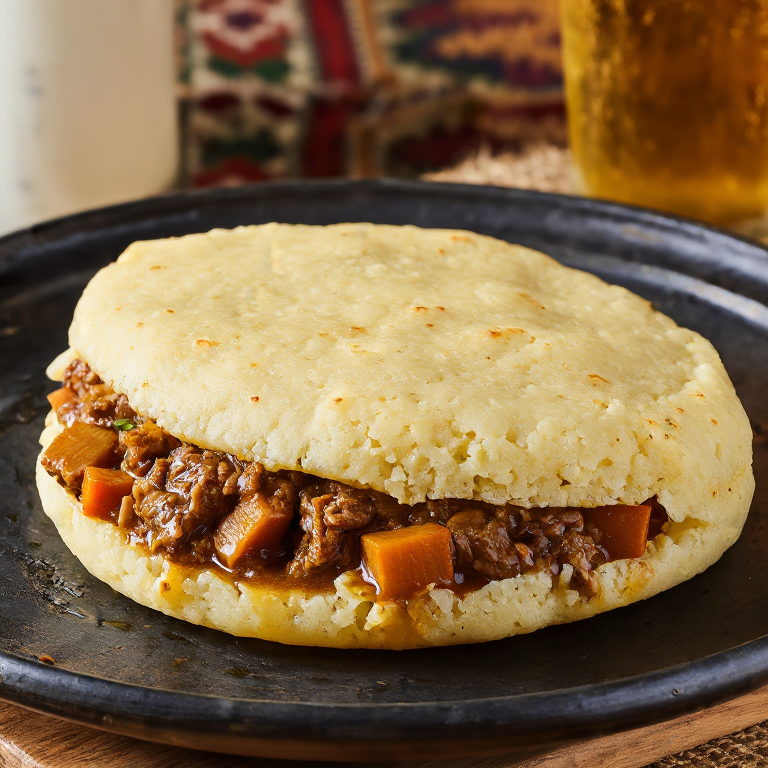 Arepa rellena de estofado irlandés