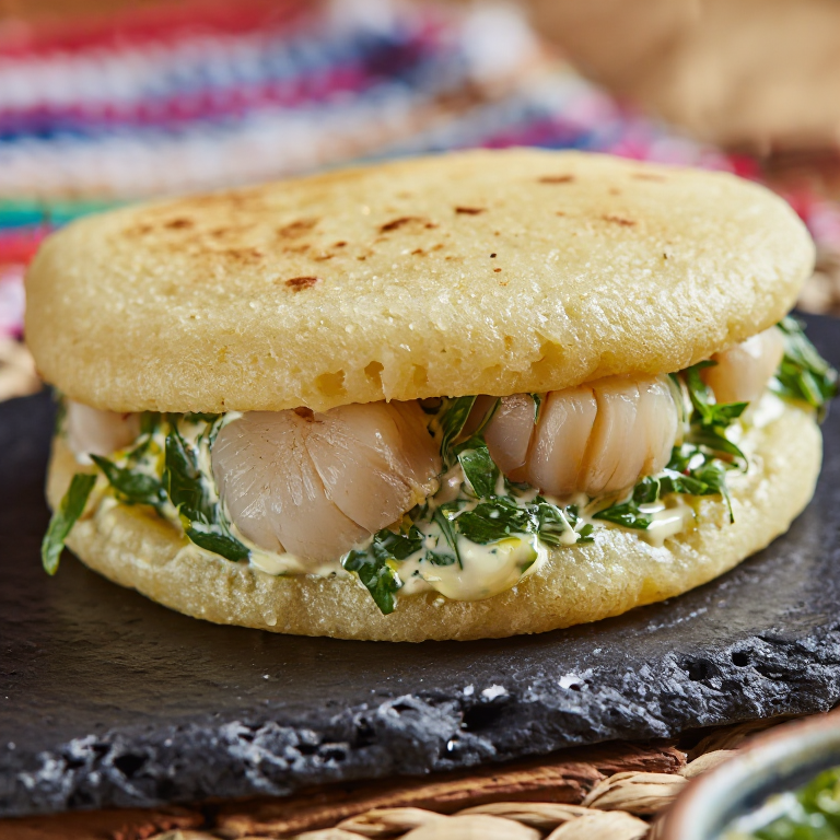 Arepa de Vieiras Manx (Queen Scallop Arepa)