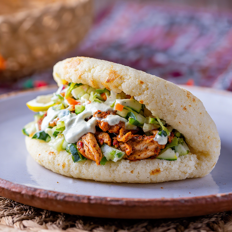 Arepa de Shawarma con Tahini y Ensalada Israelí