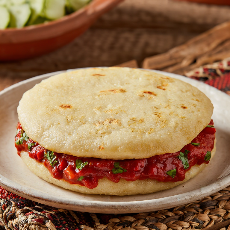 Arepa Shakshuka: Arepa Rellena de Shakshuka con Huevos y Salsa de Tomate Picante