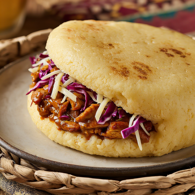 Arepa de Pollo Jerk con Col Picante y Mango