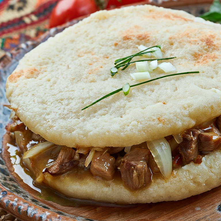 Arepa estilo Beshbarmak: Rellena de cordero y cebolla con caldo de hierbas