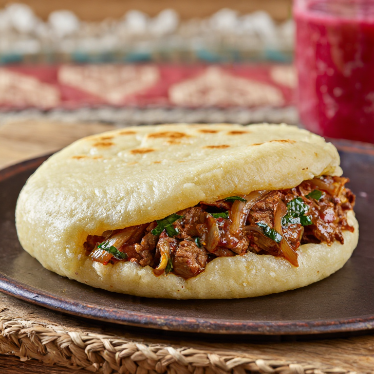 Arepa Beshbarmak: Carne de Cordero Estofada con Cebolla y Especias