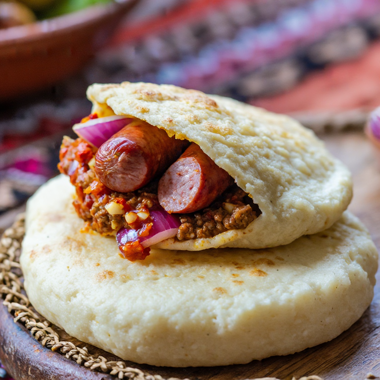 Arepa de Qebapa (Arepa rellena de salchichas de carne picada al estilo Kosovo)