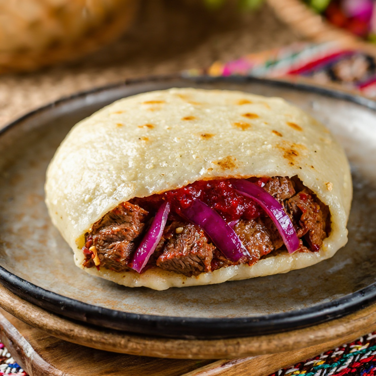 Arepa de Qebapa con Ajvar y Cebolla Encurtida