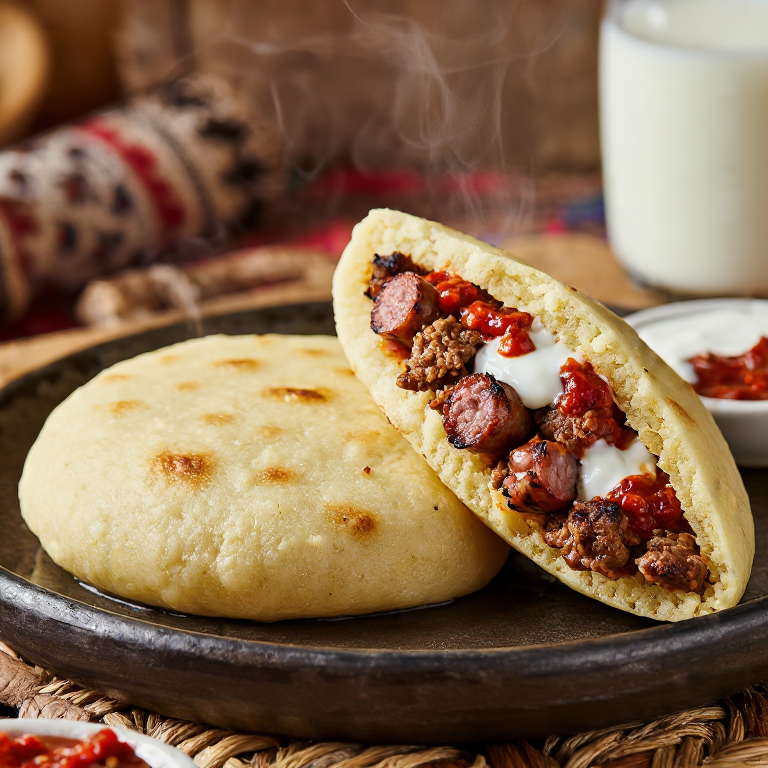 Arepa rellena de Ćevapi con Ajvar y Yogur