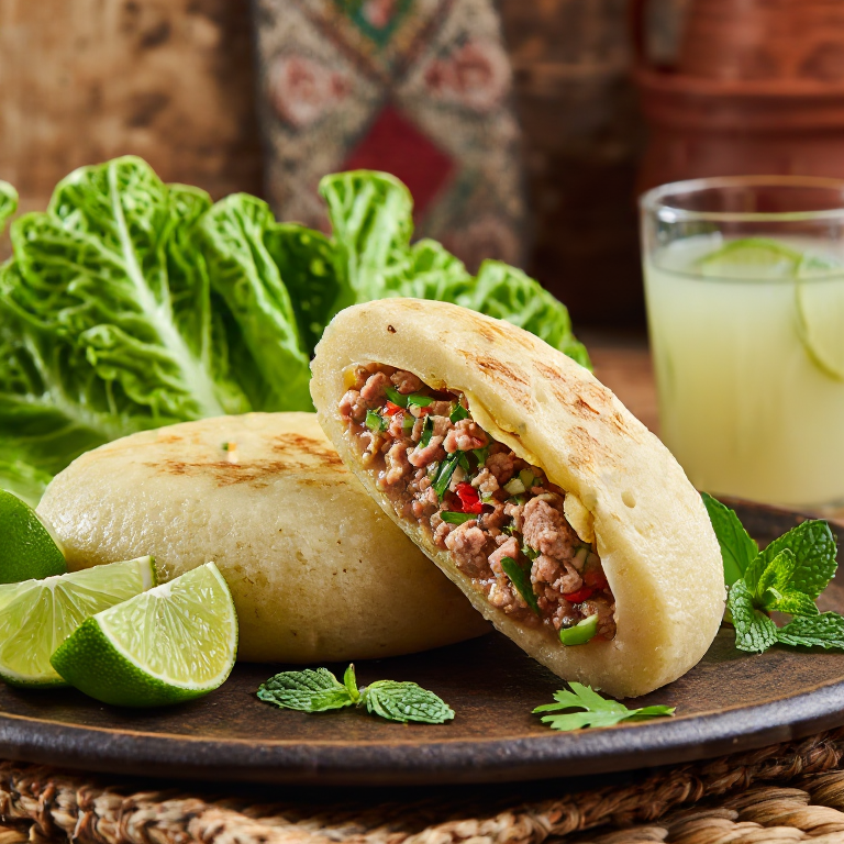 Laotian Larb Arepa (Spicy Minced Meat Stuffed Arepa)
