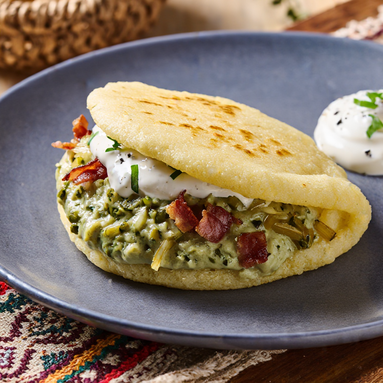 Arepa de Pelēkie Zirņi con Bacon y Crema Ácida