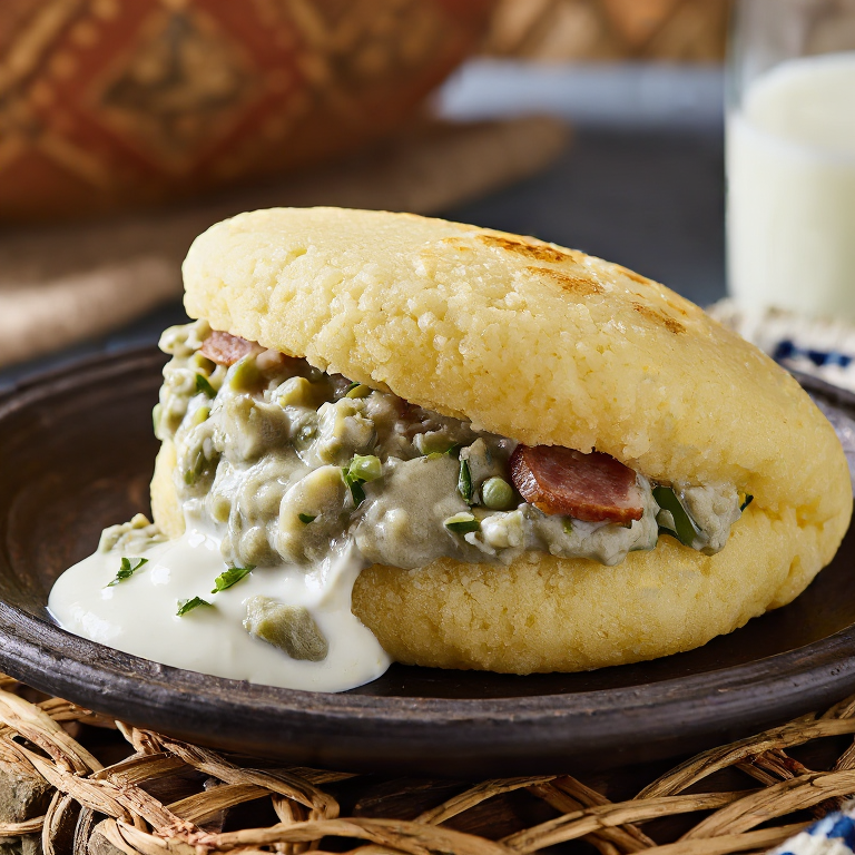 Arepa Rellena de Guisantes Grises con Panceta (Pelēkie Zirņi ar Speķi)