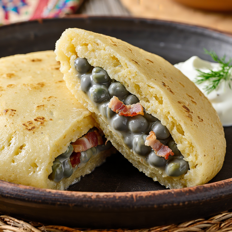 Arepa rellena de guisantes grises y panceta al estilo de Rēzekne