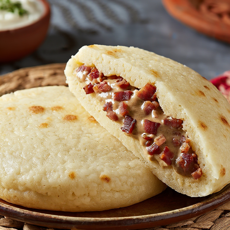 Arepa rellena de guisantes grises y bacon (Pelēkie zirņi ar speķi)