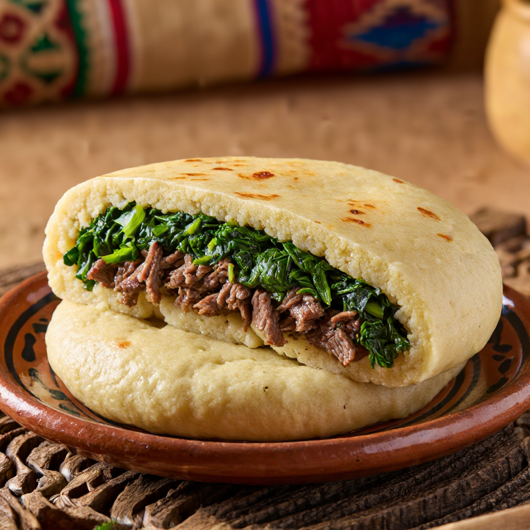 Arepa de Carne Guisada y Moroho (Estilo Lesoto)