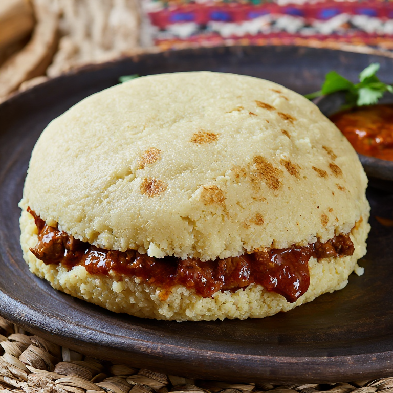 Arepa de Bazin Libia (Harina de Maíz y Cebada Rellena de Guiso de Cordero Picante)