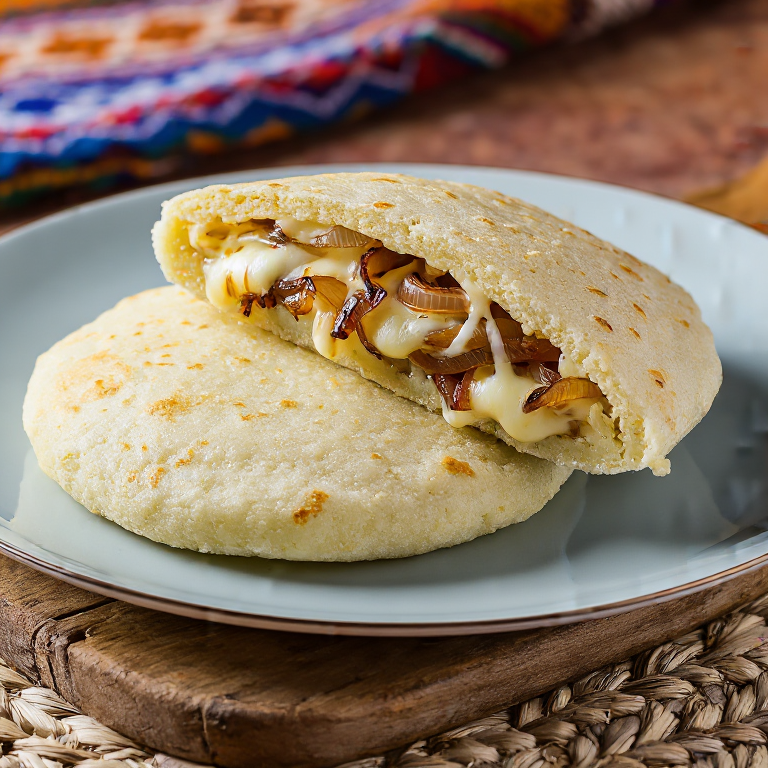 Arepa Rellena de Käsknöpfle (Queso Fundido y Cebolla Caramelizada)