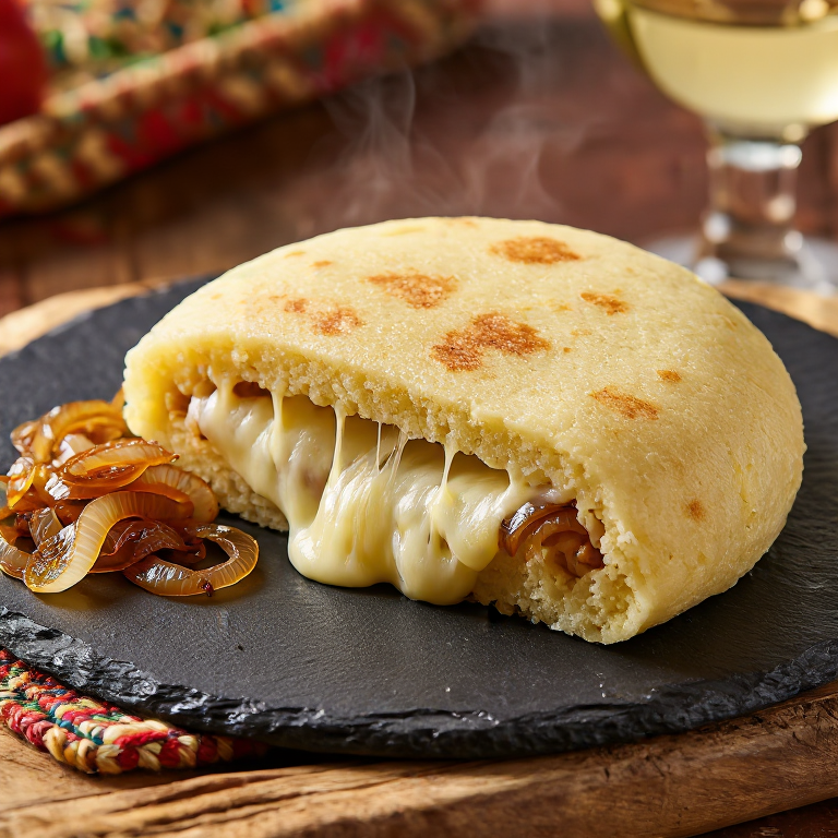 Arepa de Käsknöpfle (Queso Fundido y Cebolla Caramelizada)