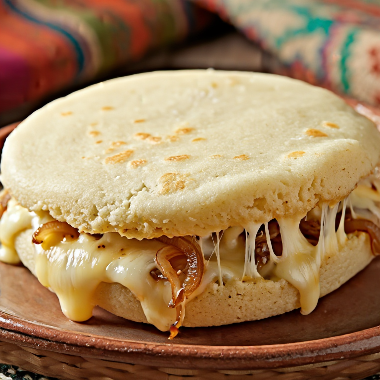 Arepa de Queso Fundido y Cebolla Caramelizada (Inspirada en Käsknöpfle de Liechtenstein)