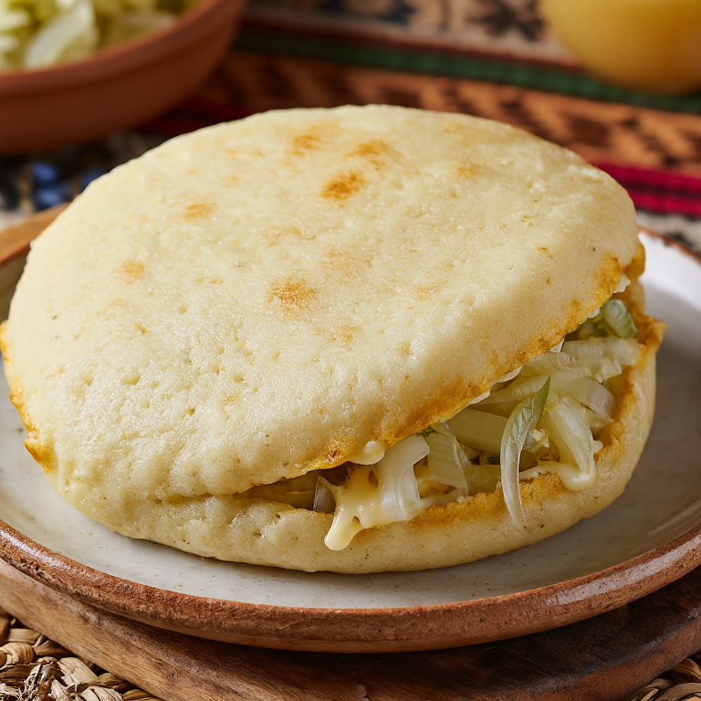 Arepa de Käsknöpfle (queso fundido y cebolla caramelizada)