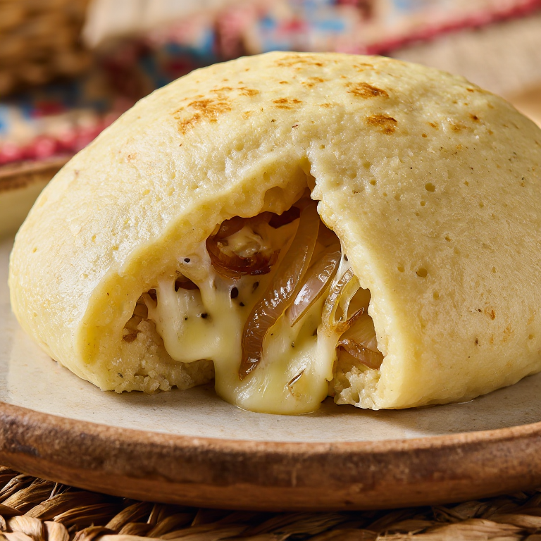 Arepa Rellena de Käsknöpfle (Arepa de Queso y Cebolla Caramelizada al Estilo de Liechtenstein)