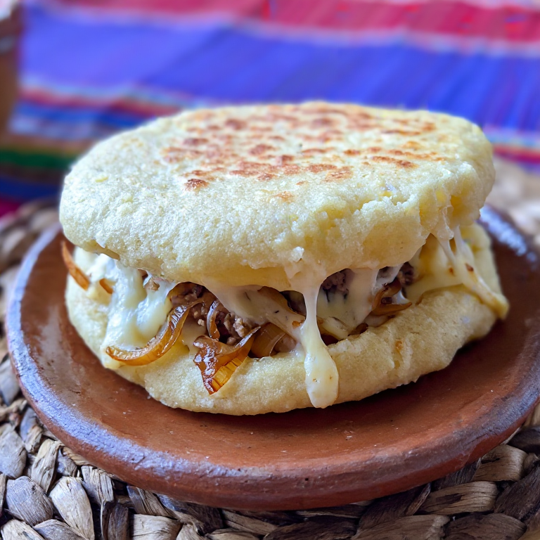 Arepa rellena de Käsknöpfle (estilo Liechtenstein)