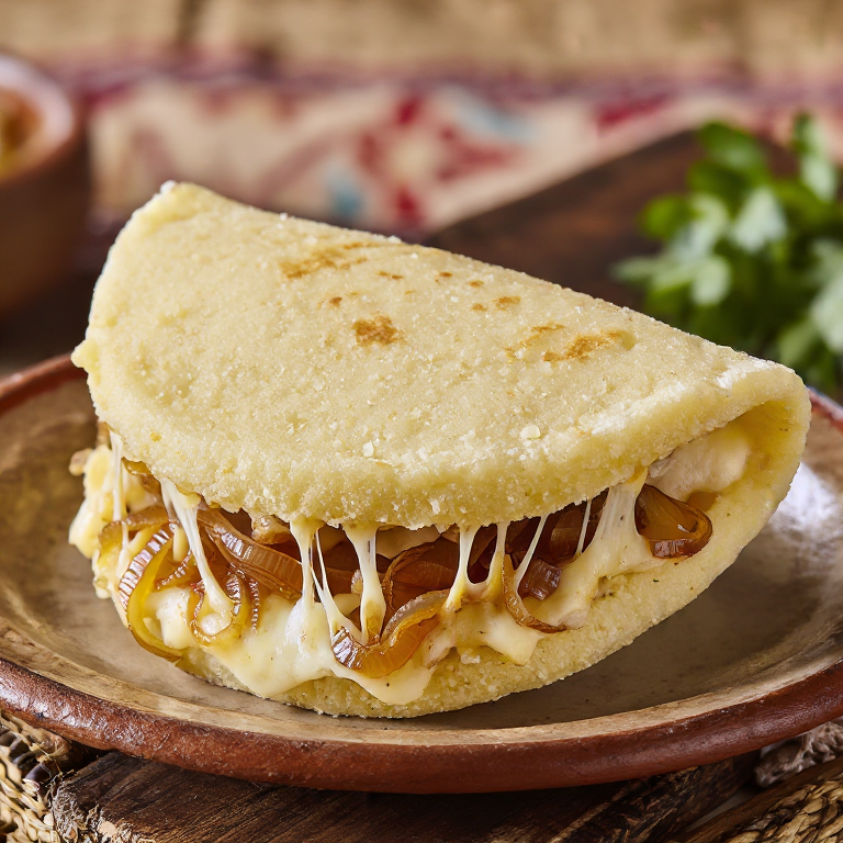 Arepa rellena de queso fundido y cebolla caramelizada al estilo Käsknöpfle de Liechtenstein