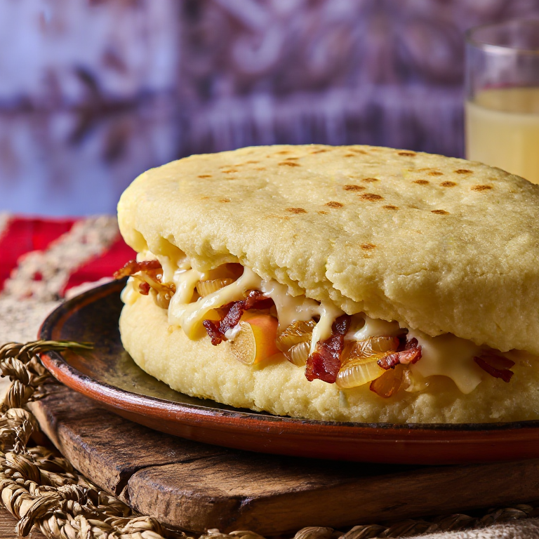 Arepa de Käsknöpfle (Arepa Rellena de Queso y Cebolla Caramelizada)