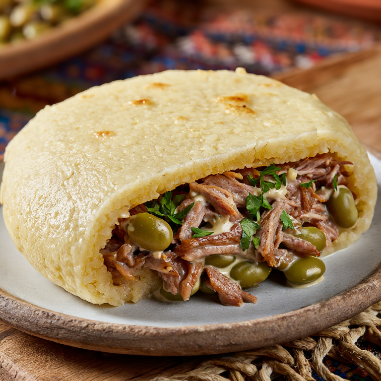 Arepa de Judd mat Gaardebounen: Arepa rellena de cerdo ahumado y habas (Luxemburgo)