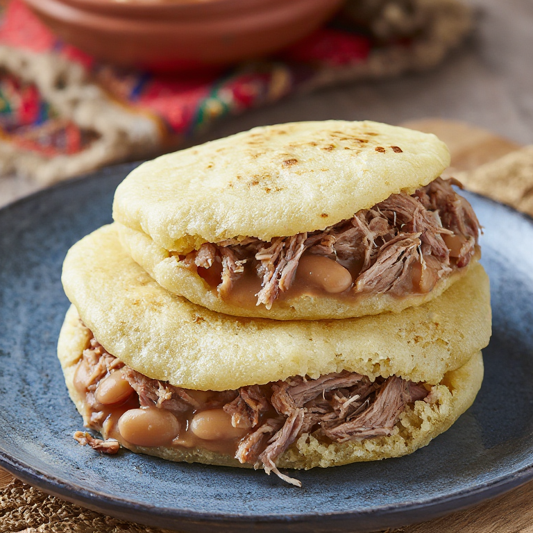 Arepa de Judd mat Gaardebounen (Arepa rellena de cerdo ahumado y habas)
