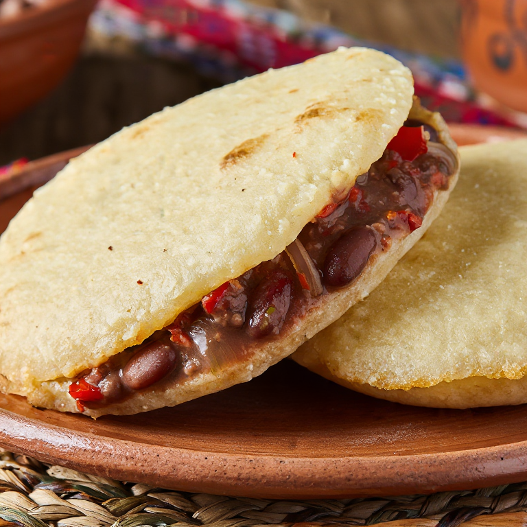 Arepa rellena de Tavche Gravche (Frijoles Macedonios)