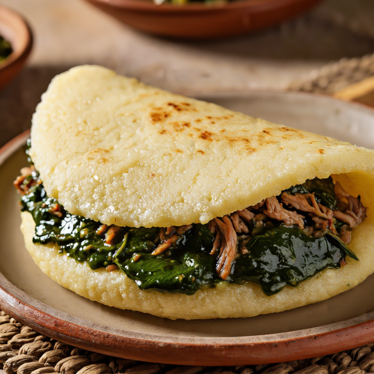 Arepa Rellena de Ravitoto (Arepa con Cerdo y Hojas de Yuca)