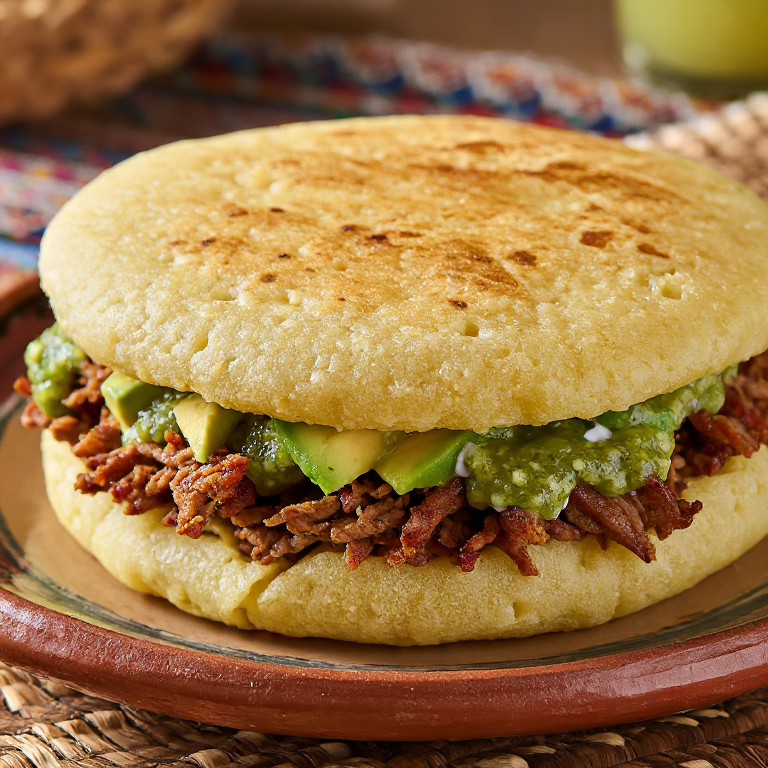 Arepa Guacamaya: Chicharrón, Aguacate y Salsa Verde