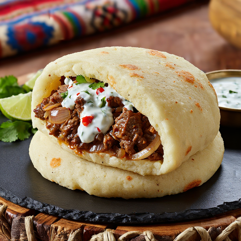 Arepa Arvayheer: Arepa Rellena de Carne de Cordero y Cebolla con Salsa de Yogur Picante