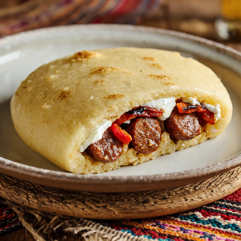 Arepa Montenegrina: Relleno de Ćevapi con Kaymak y Pimientos Asados