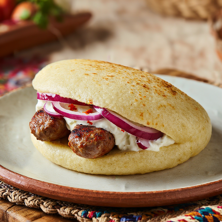 Arepa rellena de Ćevapi con kajmak y cebolla roja