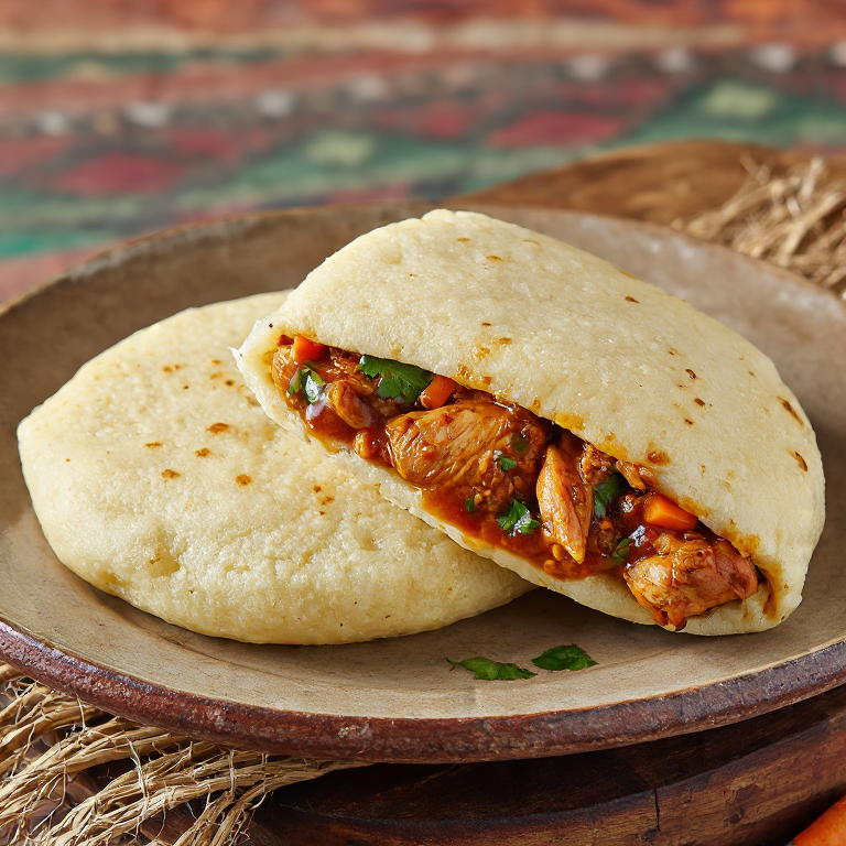 Arepa Momo Nepalí: Arepa rellena de pollo especiado al estilo momo
