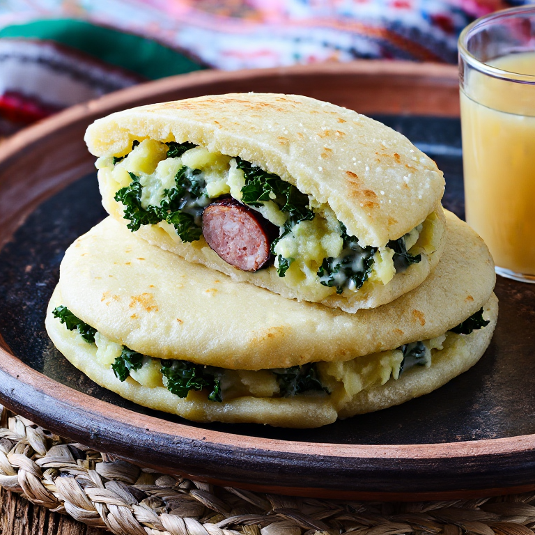Arepa de Stamppot Holandés: Relleno de Col Rizada y Salchicha Ahumada