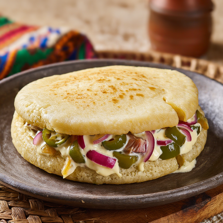 Arepa de Arenque Holandés con Pepinillos y Cebolla