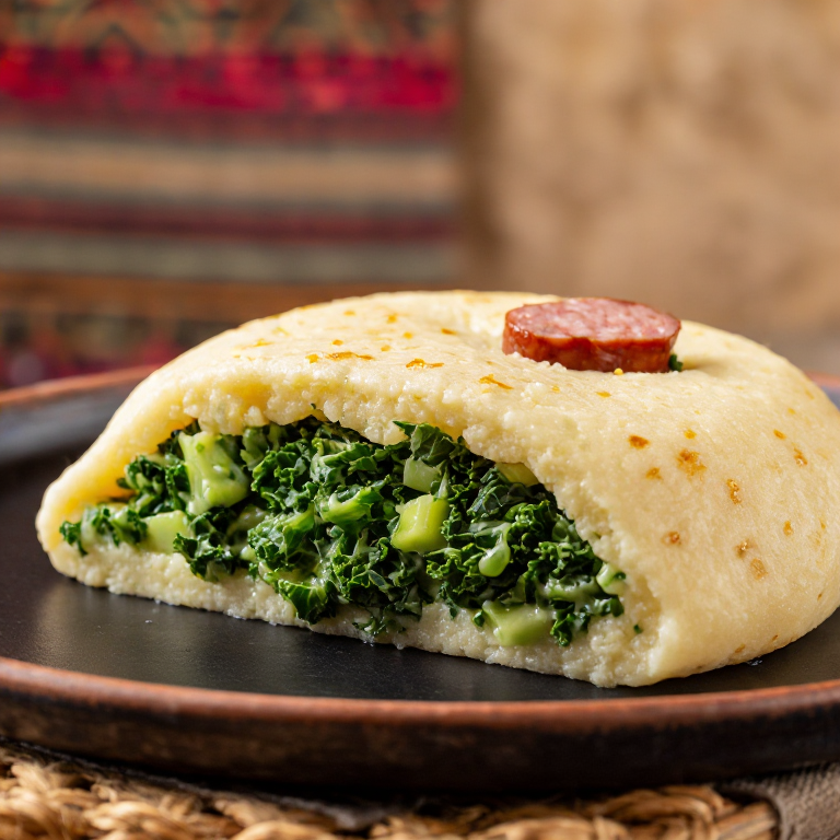 Arepa Utrecht: Arepa rellena de stamppot de col rizada y salchicha ahumada